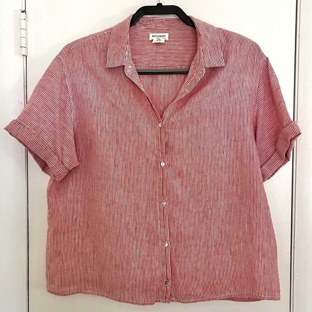 Artisan Ny Striped Linen Shirt in Red and White